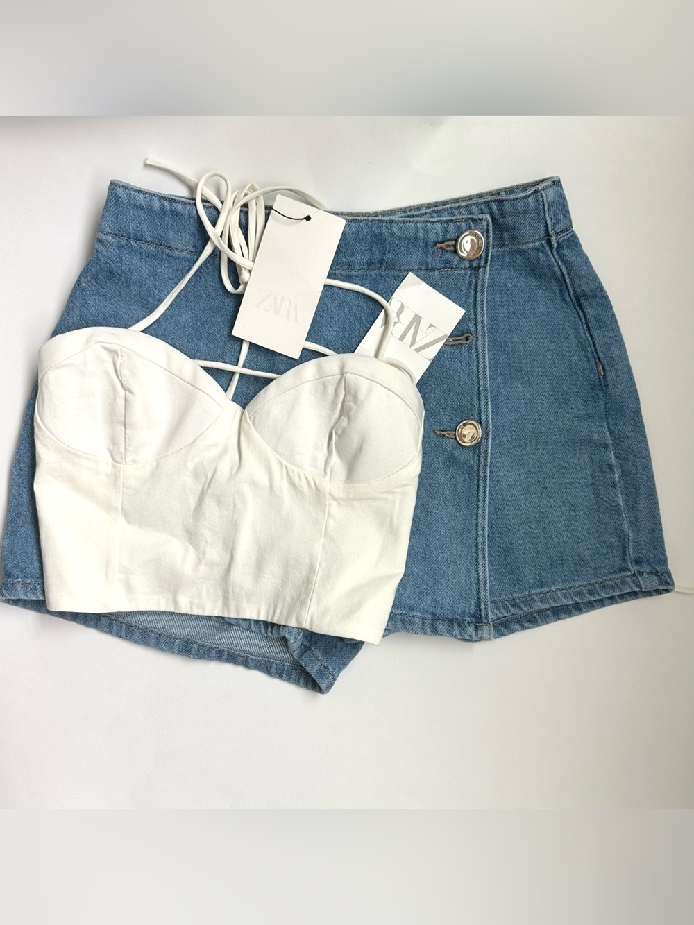 ZARA Set - White Bustier Crop Top with Light Blue Denim Button Skirt Set